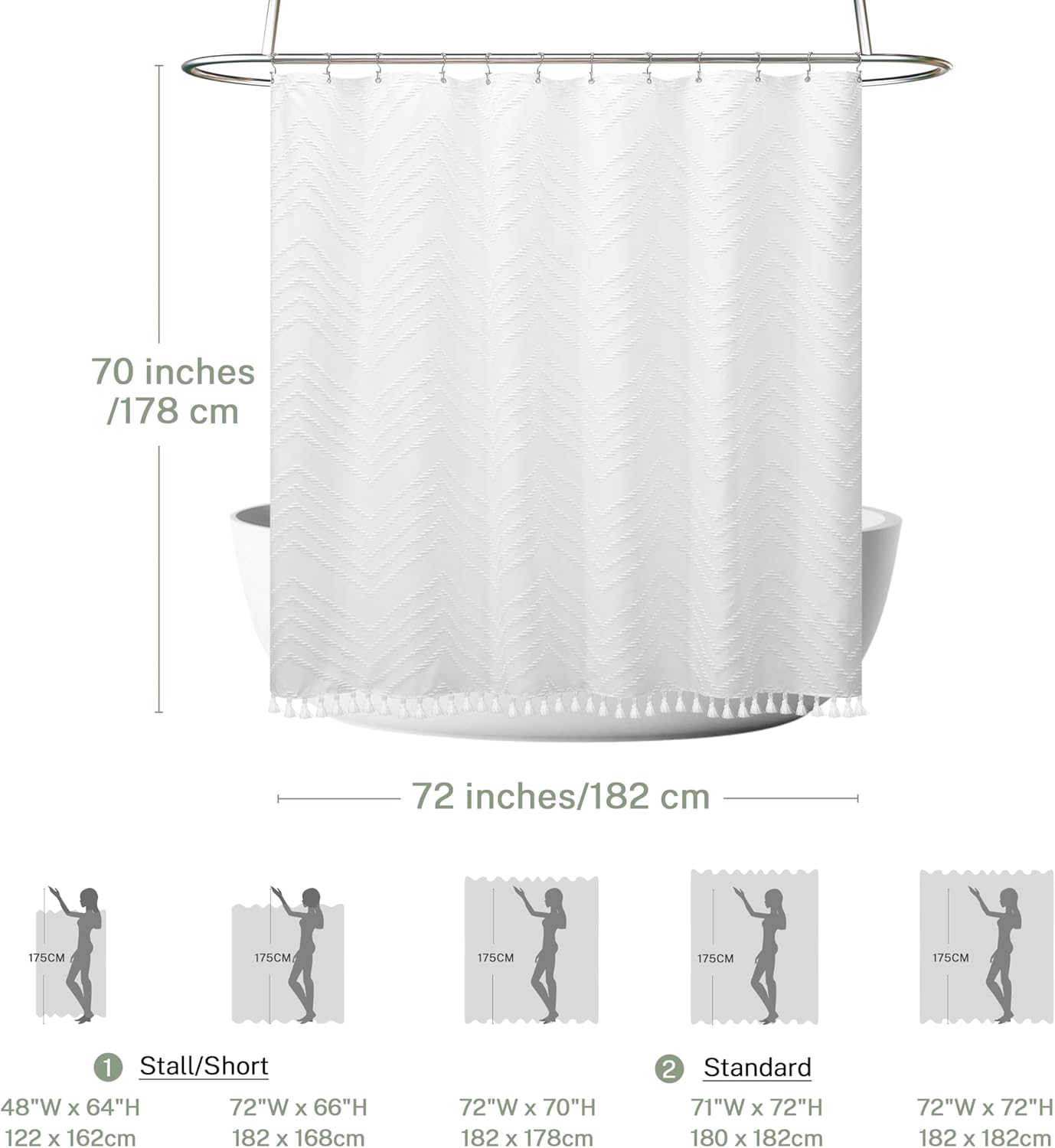 Boho Woven Fabric Shower Curtain - White Tassel, 72 x 70, Modern Farmhouse Textured Tufted Chevron Striped Minimalist