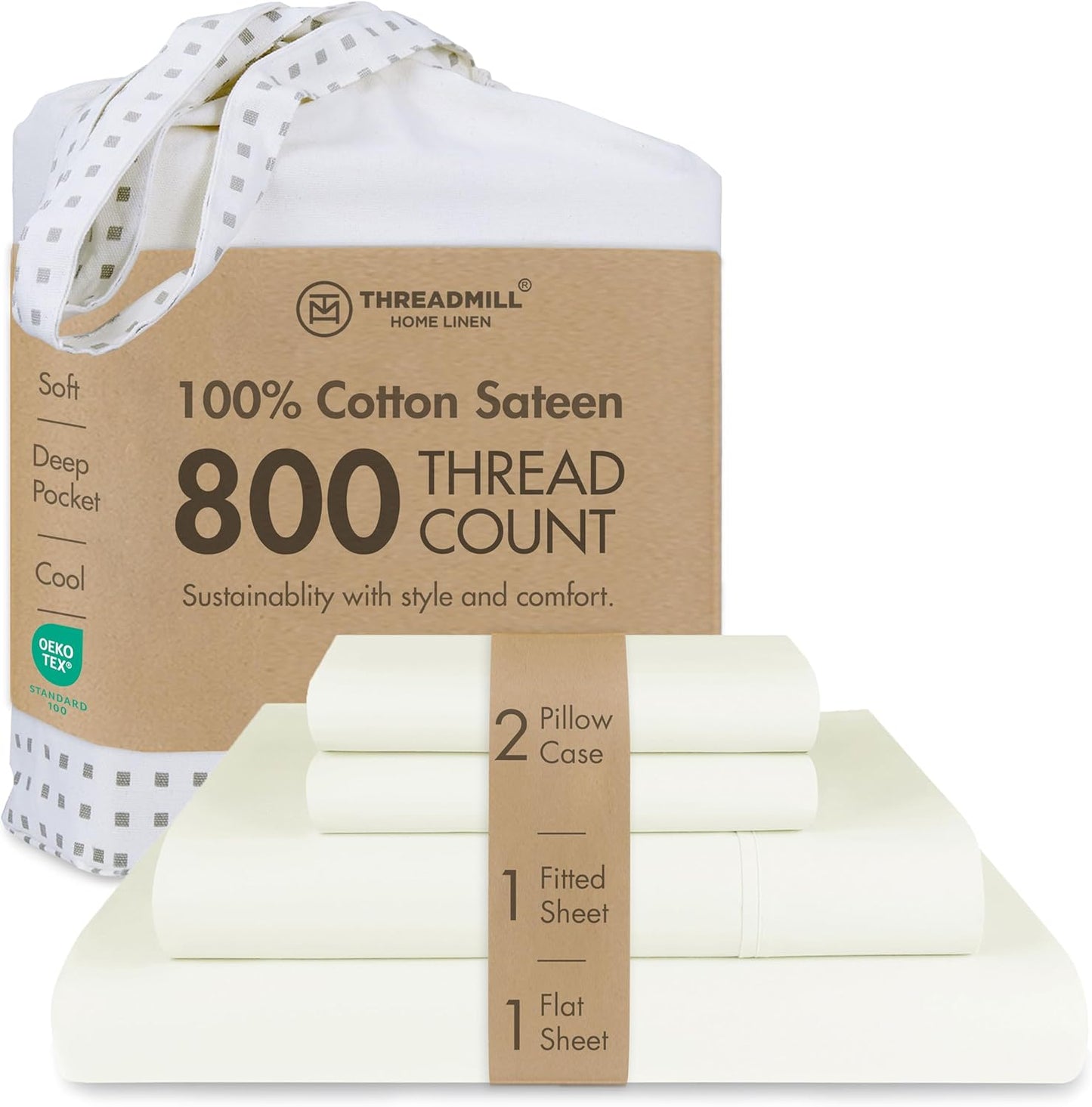 Threadmill Luxury 800 Thread Count Queen 100% Cotton Sheets - Ivory Sateen Weave Bed-Sheets, Better Than Egyptian Cotton,4 Pc Solid Soft Bed Set, Fits 16" Deep Pocket