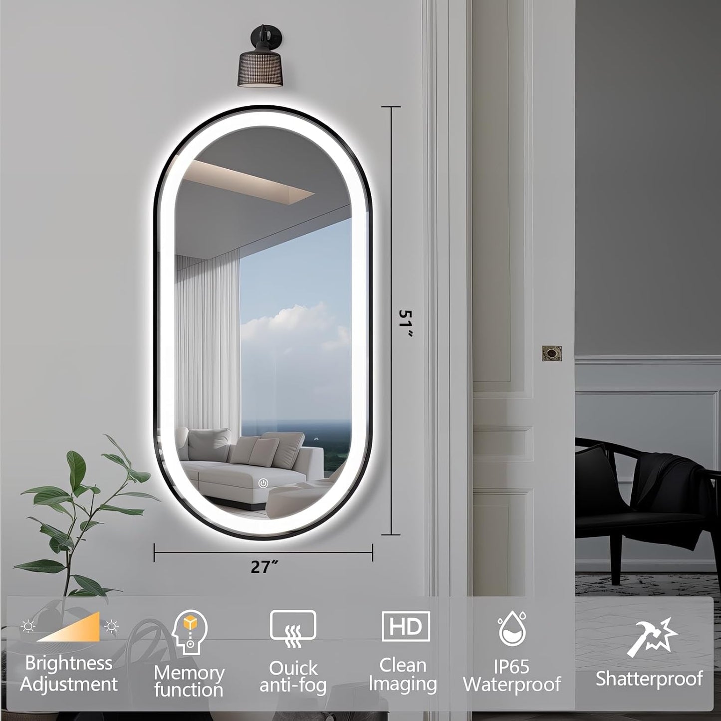 51" x 27" Oval LED Bathroom Mirror with Lights, Black Metal Framed Anti-Fog LED Vanity Mirror, Lighted Bathroom Mirrors Wall Mounted, Stepless Dimmable, Shatter-Proof, Horizontal/Vertical