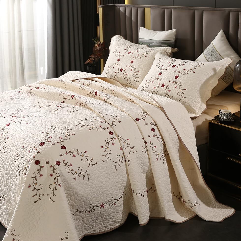 Quilt Set Floral Leaves 3D Embroidery Pattern 2 PCS Cotton Reversible Quilted Embroidered Decorative Bedspreads Coverlet Set, Lightweight &Soft Queen Size Beige Bedding Coverlet for All Season