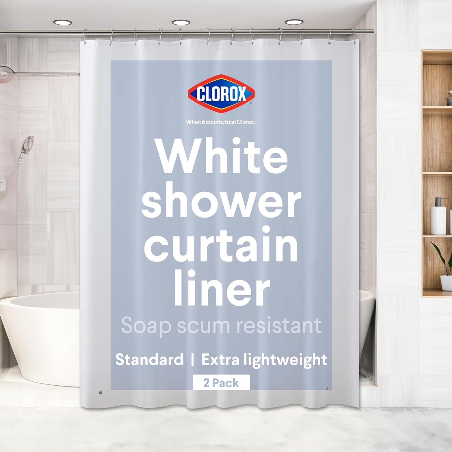 CLOROX Shower Curtain Liner, Premium Lightweight Flexible Waterproof 3g PEVA for Bathroom with Weighted Magnets, Standard Size 70" x 72", White 2 Pack