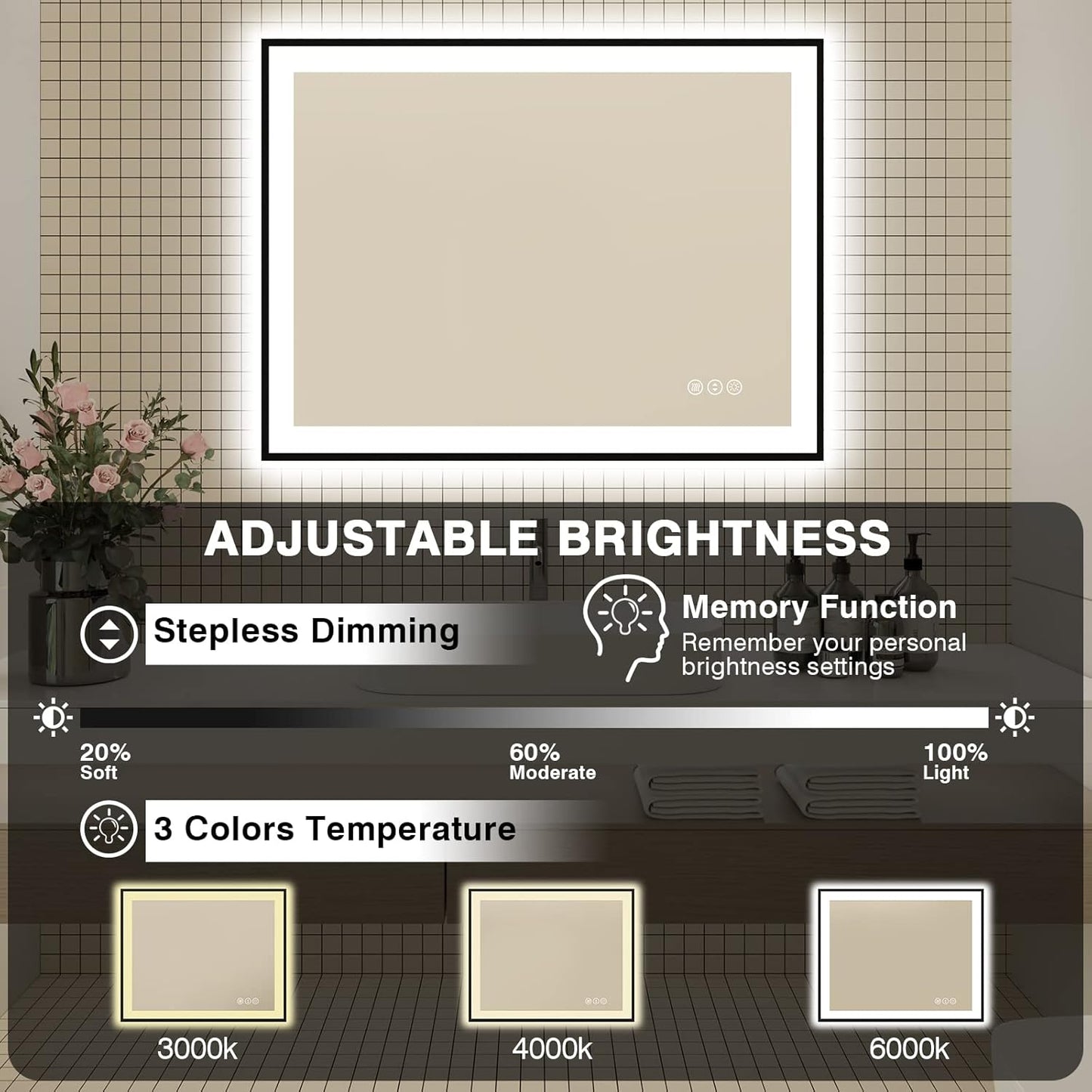 48x36 LED Bathroom Mirrors for Wall - Black Aluminum Framed(Front and Backlit),Anti-Fog Vanity Mirror with Lights,Stepless Dimmable Lighted Mirror,3 Colors Smart Mirror(Horizontal/Vertical)