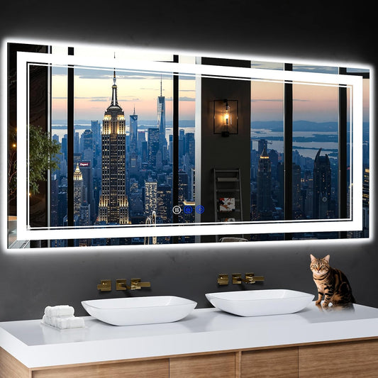 60"x28" LED Bathroom Mirror with Anti-Fog, Stepless Dimmable Lights, 3 Color Modes, Shatter-Proof Tempered Glass, Memory Function & Waterproof Design