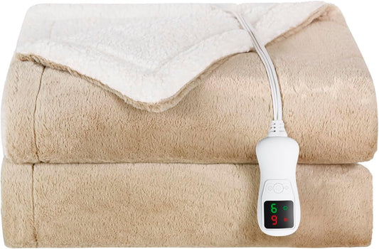 Electric Heated Blanket Throw Size, Faux Fur Throw Blanket, Super Soft Cozy Heating Blanket with 9 Heating Levels & 1-9 Hours Auto Off, Fast Heat & Overheat Protection, 50" x 60", Beige