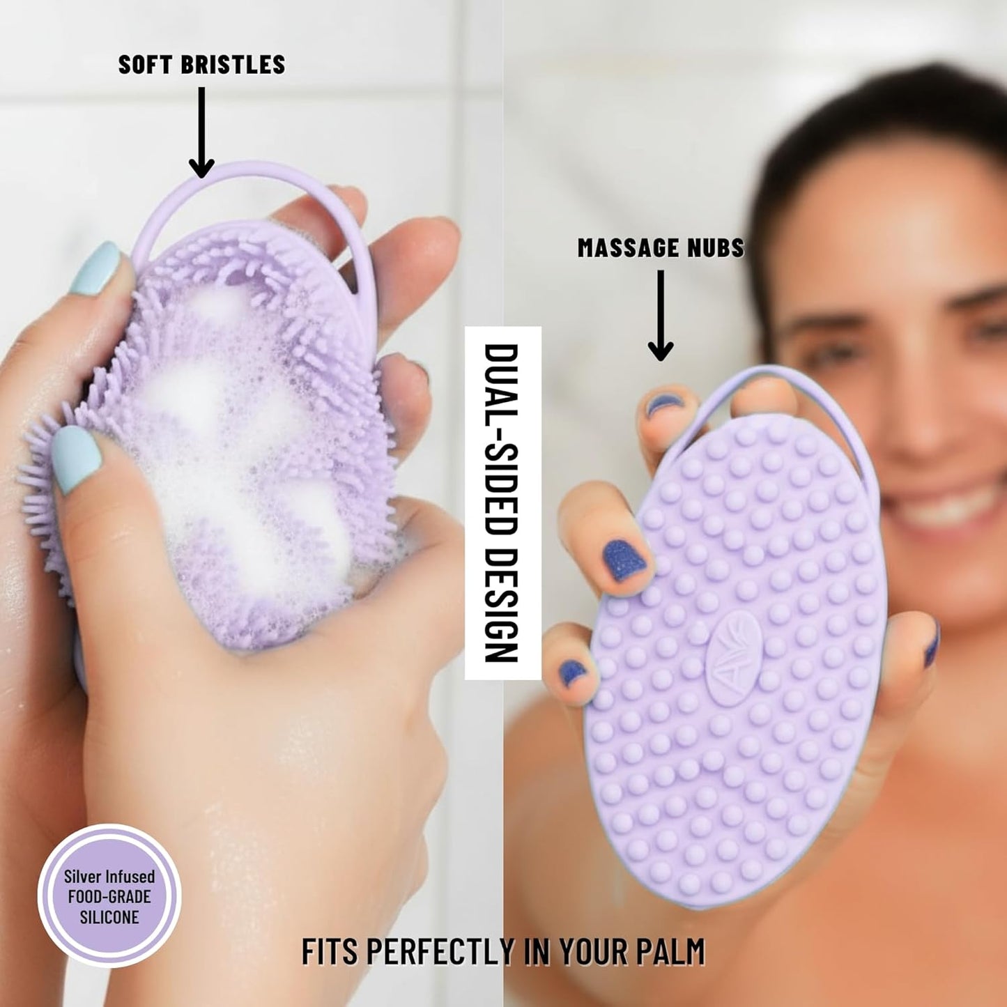Silver Infused Silicone Body Scrubber Shower - Gentle Back Scrubber Soft Bristles - Avilana Premium Dual Sided Bath Brush Massage - Advanced Material Loofah Alternative - Gift Women Men