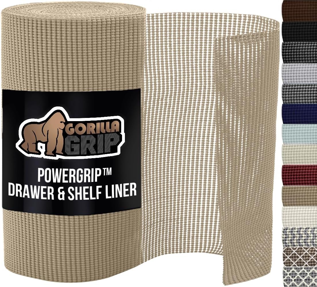 GORILLA GRIP powerGRIP Drawer Shelf and Cabinet Liner, Thick Strong Hold, Non-Adhesive Liners Protect Kitchen Cabinets and Cupboard, Bathroom Drawers, Easy Install, Breathable Mat, 17.5" x10', Beige