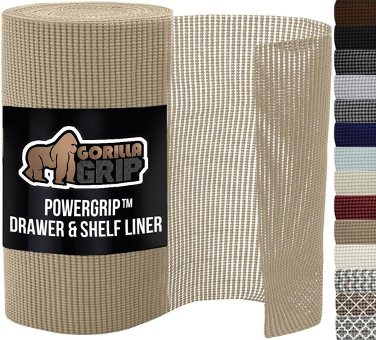 GORILLA GRIP powerGRIP Drawer Shelf and Cabinet Liner, Thick Strong Hold, Non-Adhesive Liners Protect Kitchen Cabinets and Cupboard, Bathroom Drawers, Easy Install, Breathable Mat, 20" x20', Beige
