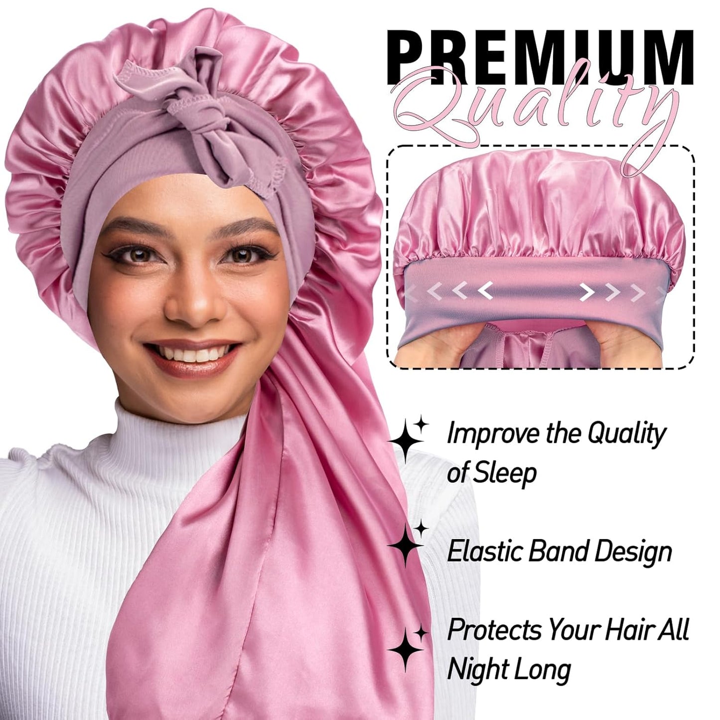 3Pcs Bonnets for Black Women Braid Bonnet, Large Long Satin Bonnet for Braids, Black Women Satin Silk Bonnet with Stretchy Tie Band Sleep Bonnet Cap for Long Curly Hair (Black & Dark Blue & Rose Pink)