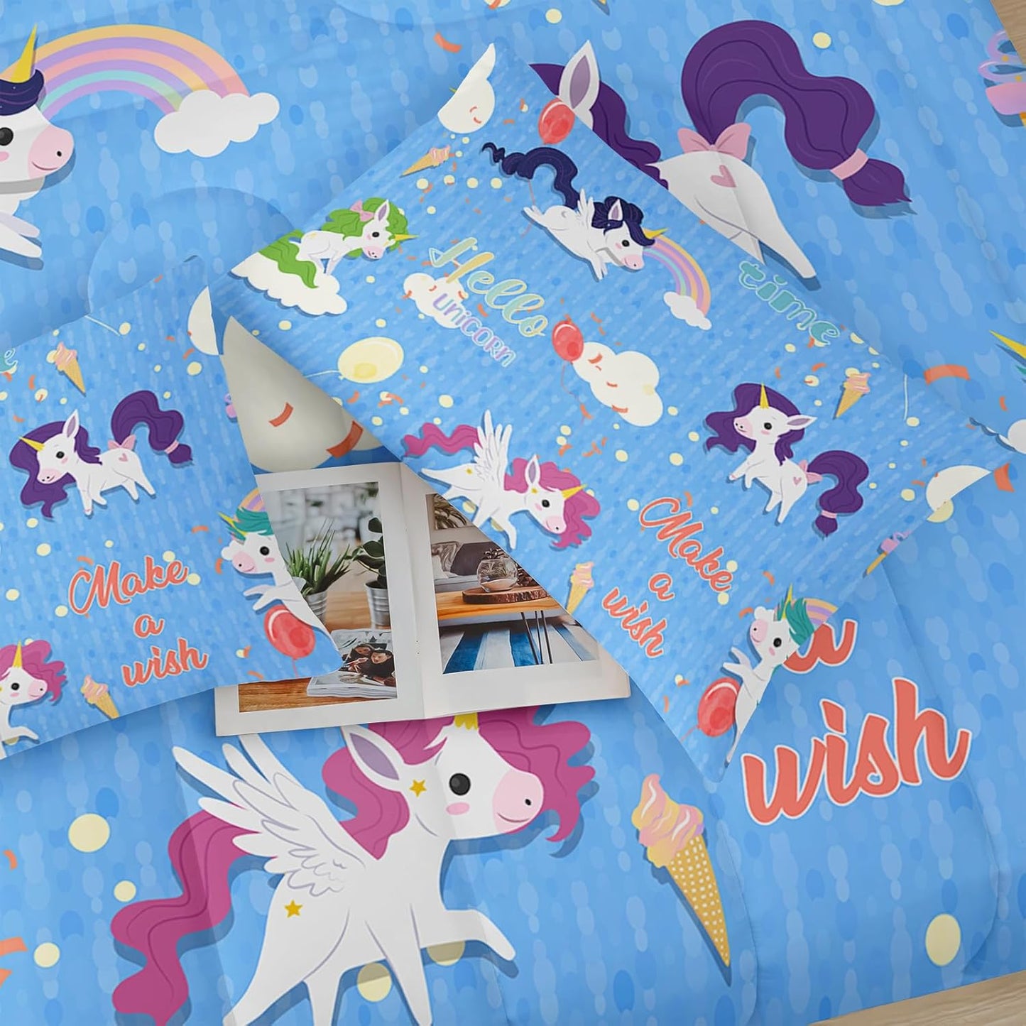 Unicorn Comforter Set Queen Size,Rainbow Kids Comforter Set,3Pcs Bedding Set Printed Comforter with 2 Pillowcases,Down Alternative,Soft and Lightweight,for All Seasons
