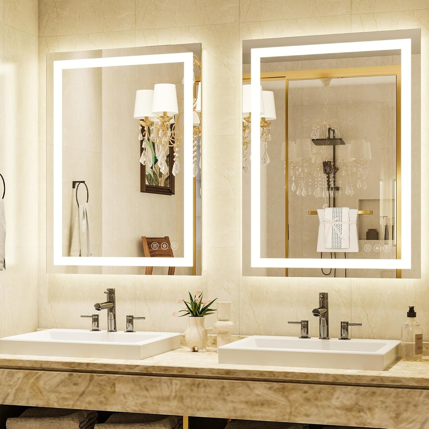 38'' x 26'' LED Bathroom Mirror with Lights, Wall Mirror with Front and Backlight, 3 Colors Vanity Mirror with Lights, Anti-Fog Wall Mirror for Bathroom