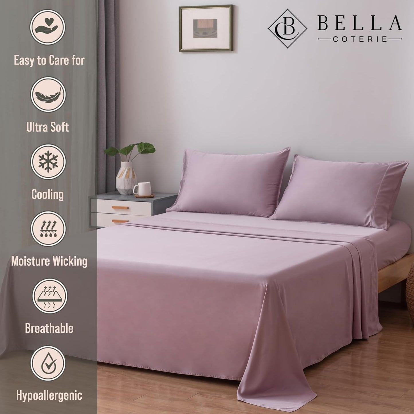 Bella Coterie Luxury Bamboo Viscose Split King Size Sheet Set | 2 Fitted Sheets for Sleep Number & Adjustable Beds | 100% Organically Grown | Cooling & Ultra Soft | 18” Deep Pocket [Lilac]
