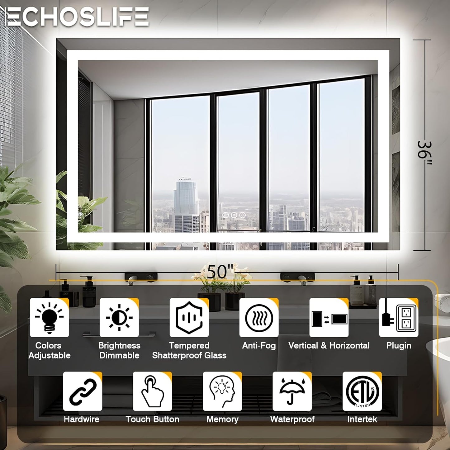 50"x36" Lighted Mirrors for Bathroom Wall, Anti-Fog LED Vanity Mirror, Shatter-Proof, 3 Colors Memory Mirror (Horizontal/Vertical)