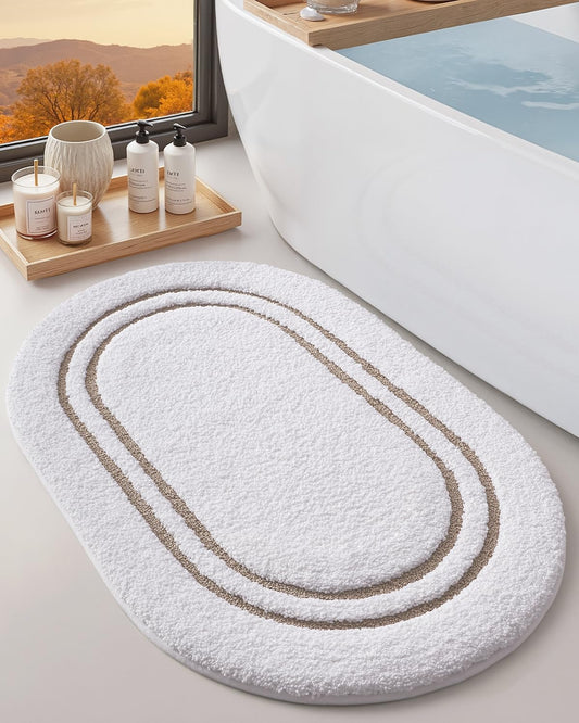 DEXI Oval Bath Mats for Bathroom, 24x36 Absorbent Bath Mat, Washable Microfiber Bathroom Rug with Non Slip Backing for Shower Floor, Beige