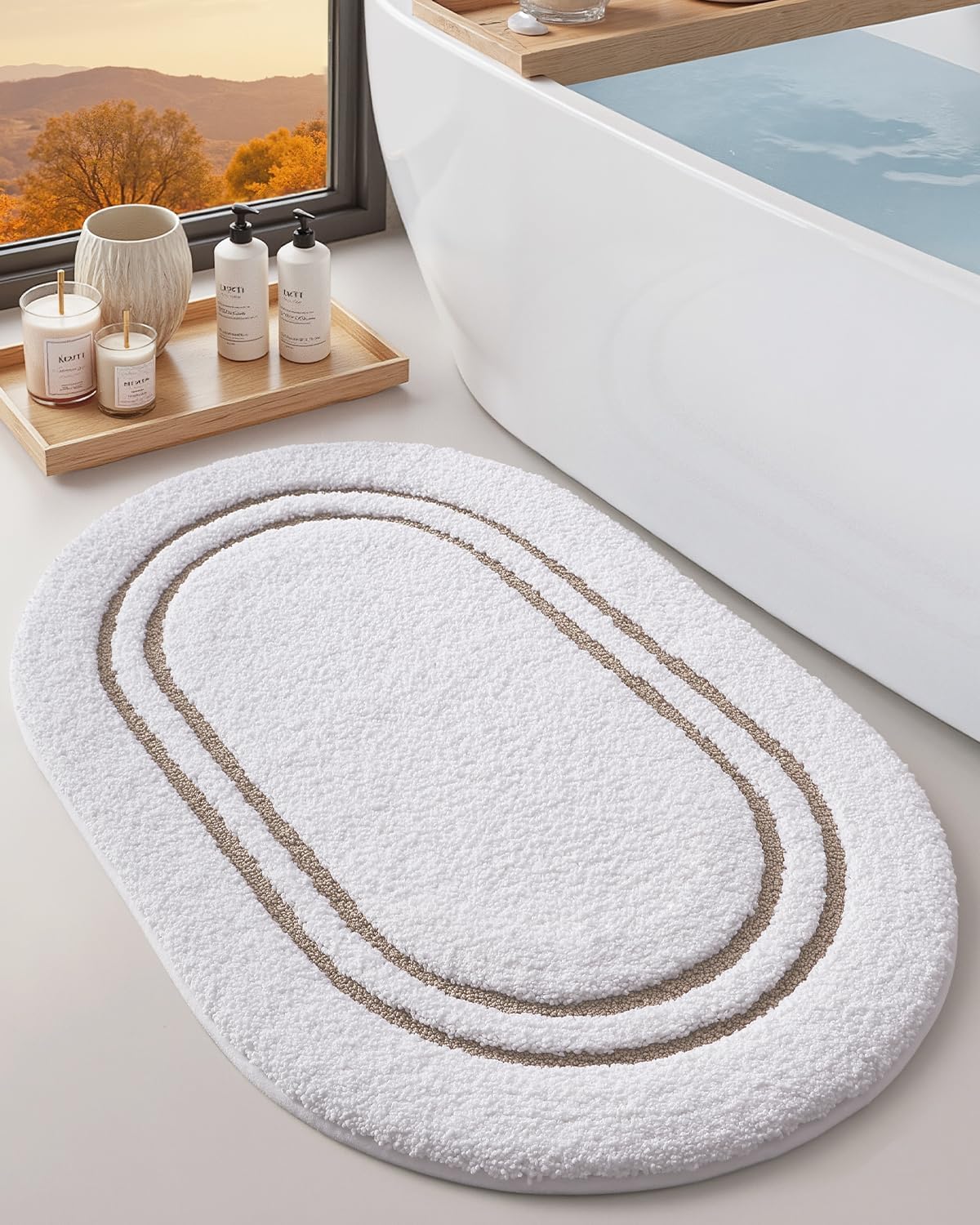 DEXI Oval Bath Mats for Bathroom, 17x30 Absorbent Bath Mat, Washable Microfiber Bathroom Rug with Non Slip Backing for Shower Floor, Beige