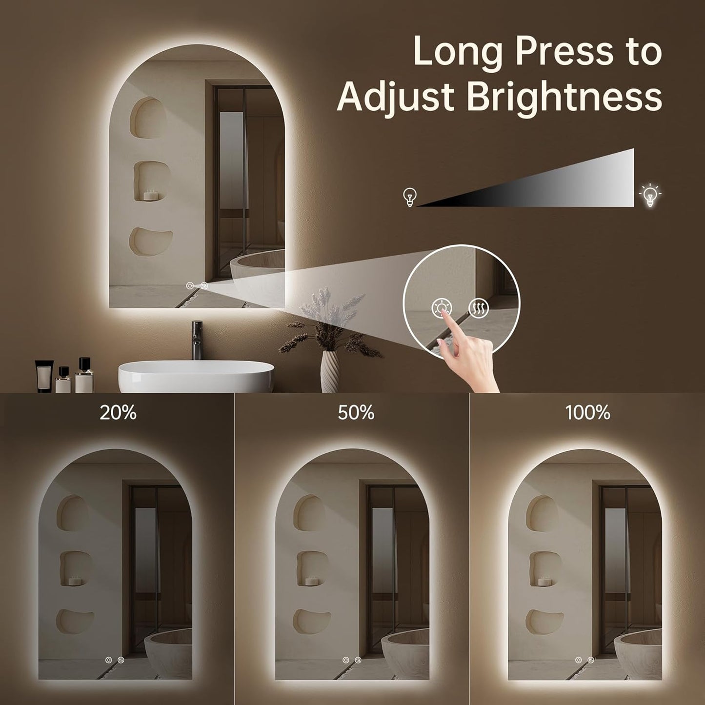 Arched Backlit Mirror Bathroom 20"x30"- Frameless LED Bathroom Mirror with Lights, Fogless, Dimmable, 3 Color Changing, Shatterproof, Touch Sensor
