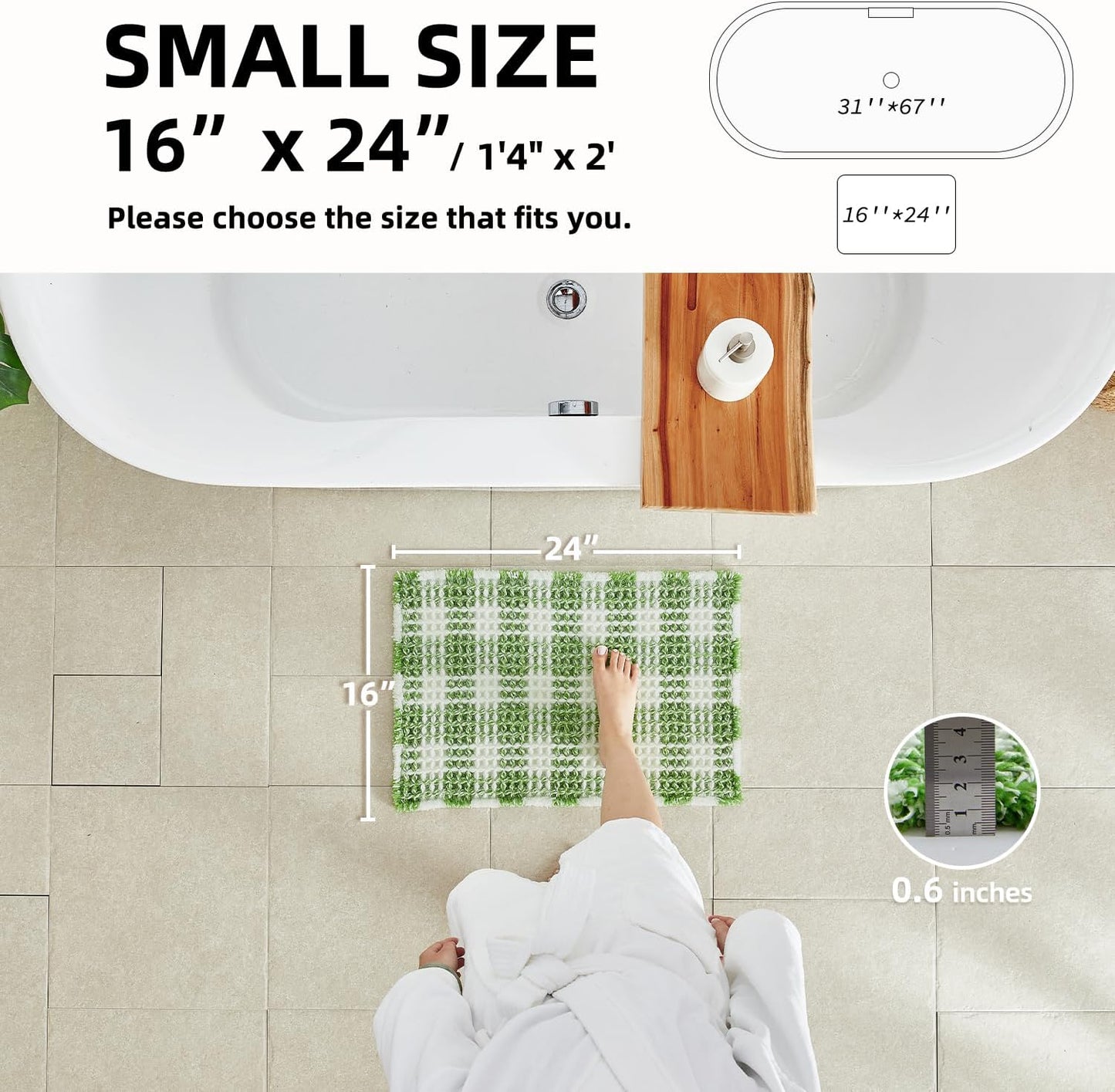 Waffle Bath Mat, Boho Bathroom Rugs Non Slip Washable Absorbent Checkered Bathroom Mat Quick Dry Cute Bath Mat, 24"x16" Green and White