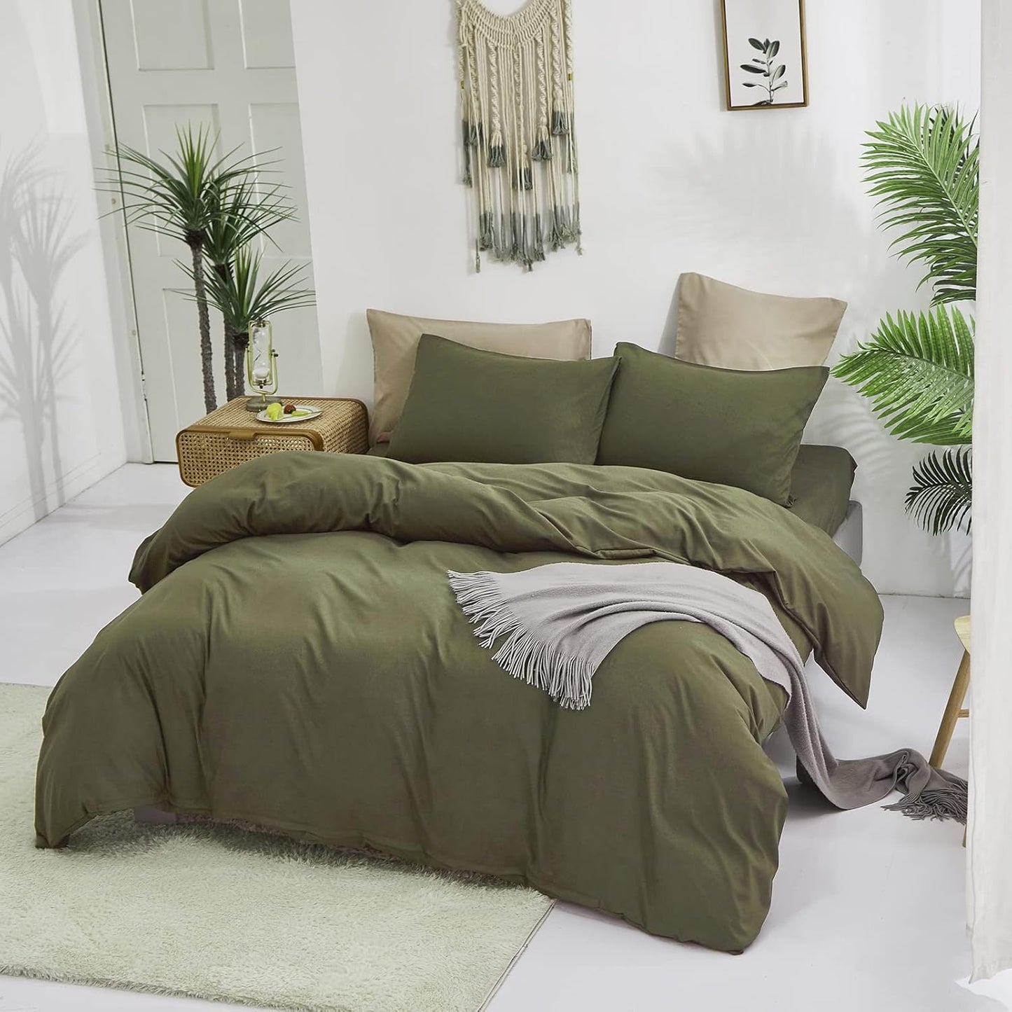 Cottonight Green Comforter Set Full Olive Green Bedding Set Plain Solid Color Blanket Quilts Modern Soft Breathable 3 Piece Classic Comforter Set for Full Bed