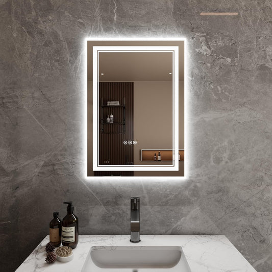 Bathroom Mirror with Lights 20"X28" with Front Light and Backlit, Tempered Glass, Wall Mount Horizontal/Vertical, Stepless Dimmable, 3 Colors, Anti Fog, Bathroom Memory LED Mirror