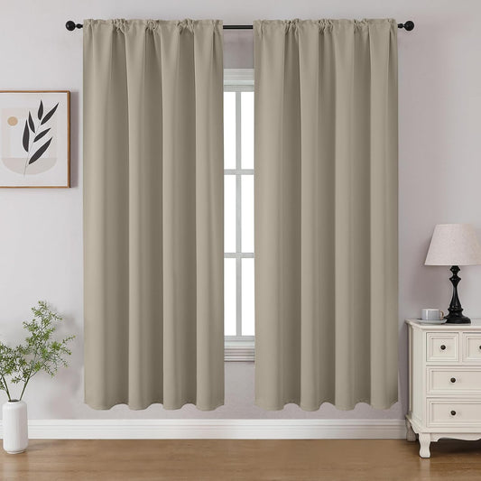 CUCRAF Light Beige Blackout Curtains 63 inch Length 2 Panels Set, Rod Pocket Room Darkening Drapes for Bedroom Living Room, Insulated Thermal Light Blocking Window Curtain (W52 x L63 Inch)