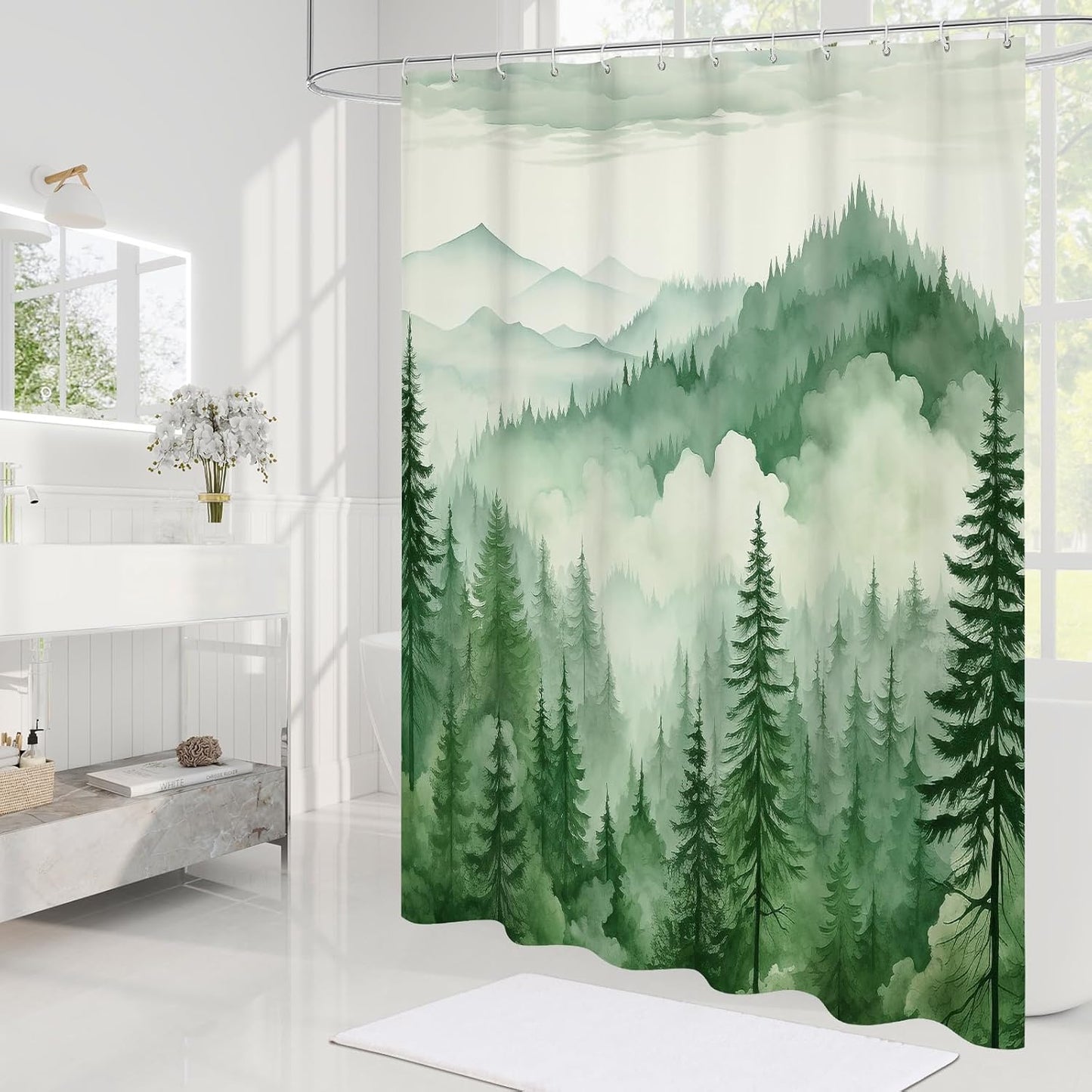 Green Extra Long Misty Pine Forest Shower Curtain 72 x 84, XL Mountain Foggy Woodland Scenery Tree Shower Curtains for Bathroom, Abstract Waterproof Nature-Themed Decor