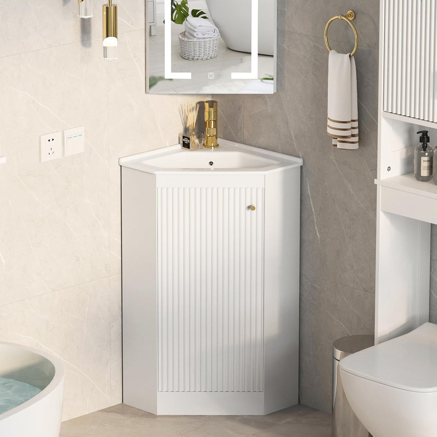 24" Corner Bathroom Vanity Sink Combo for Small Space, Freestanding Compact Space Bathroom Storage Cabinet with White Ceramic Sink, Wall Mounted Modern Vanity,White