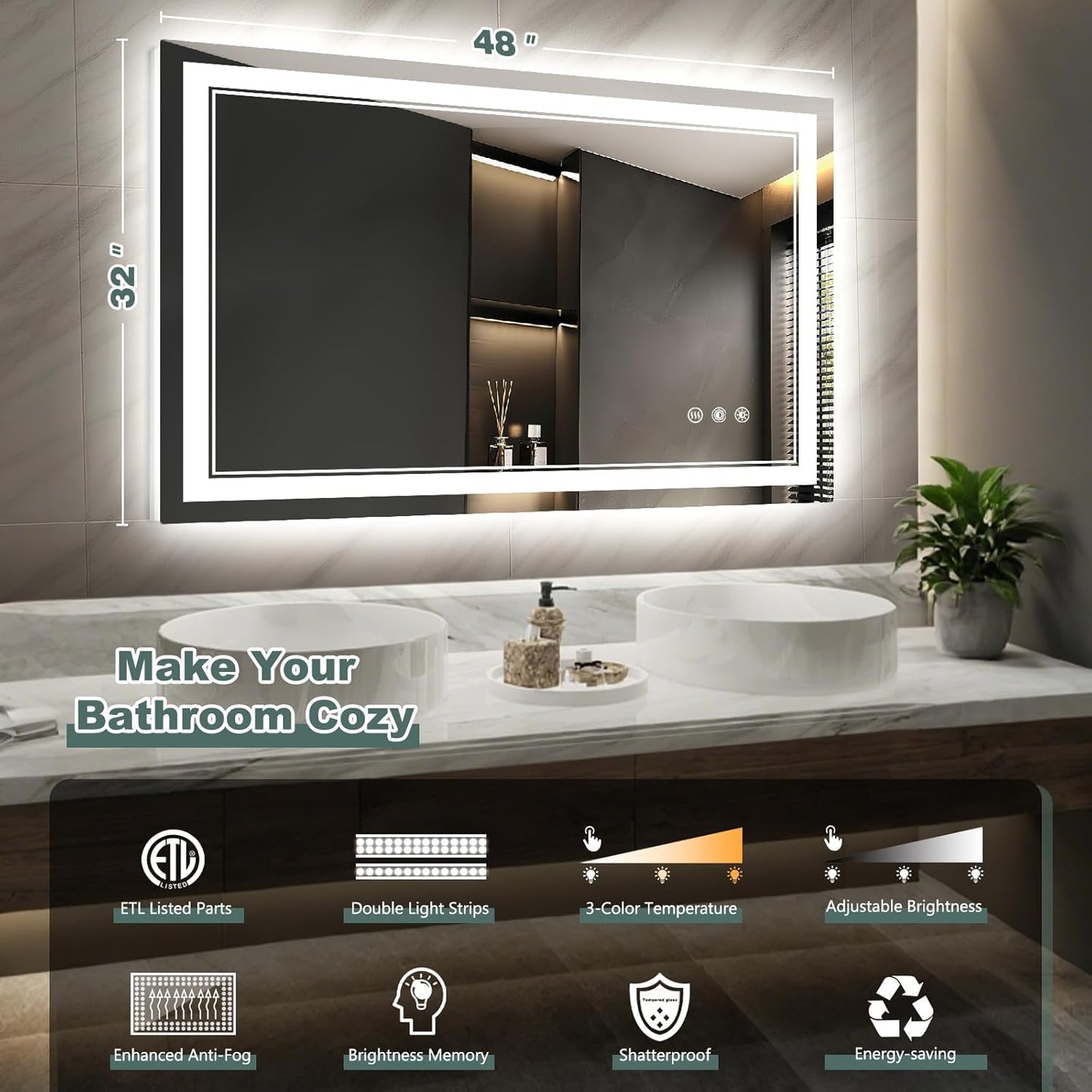 LED Bathroom Mirror with Lights: 48"x32" Wall Mounted Large Lighted Mirrors Fogless, Anti-Fog,Dimmable,Memory Function, Shatterproof Tempered Glass, Espejos para Baños, ETL Listed
