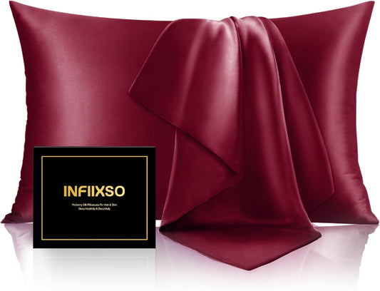 INFIIXSO Mulberry Silk Pillow Case King Size, Silk Pillowcase with Hidden Zipper 20"x36", Extraordinary Smooth and Soft Pillow Cases for Hair and Skin(Burgundy, 1 Pack)