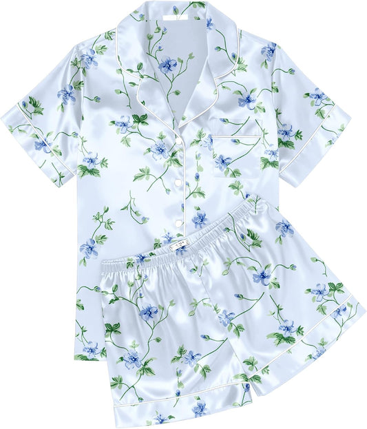 Ekouaer Womens Silk Satin Pajama Sets Soft Short Sleeve Button Down Sleepwear Top and Shorts 2 Piece Pjs Lounge Set
