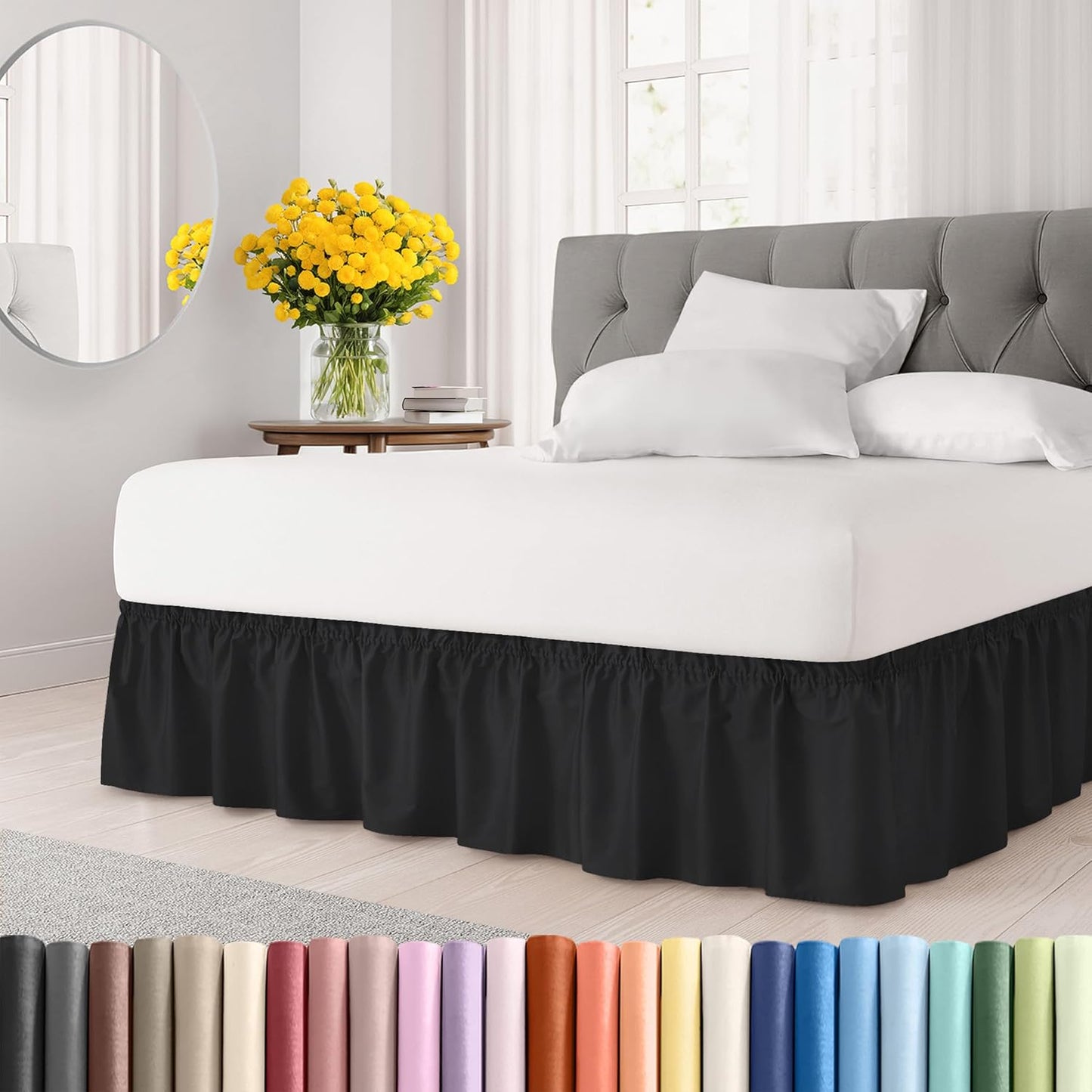 Wrap Around Dust Ruffle Bed Skirt - Black - for King Size Beds with 12 Inch Drop - Easy Fit Elastic Strap - Adjustable Pleated Bedskirt w/Brushed Fabric - Wrinkle Free - for Women, Men, Kids & Teens