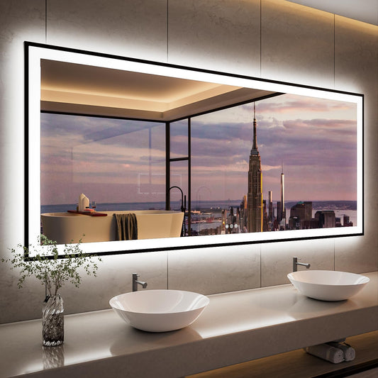 ISKM Framed LED Mirror for Bathroom 88"x38", Dimmable LED Bathroom Mirror with Lights, Anti-Fog, Front and Backlit Lighted Mirror 3-Colors, Shatterproof, Memory Function