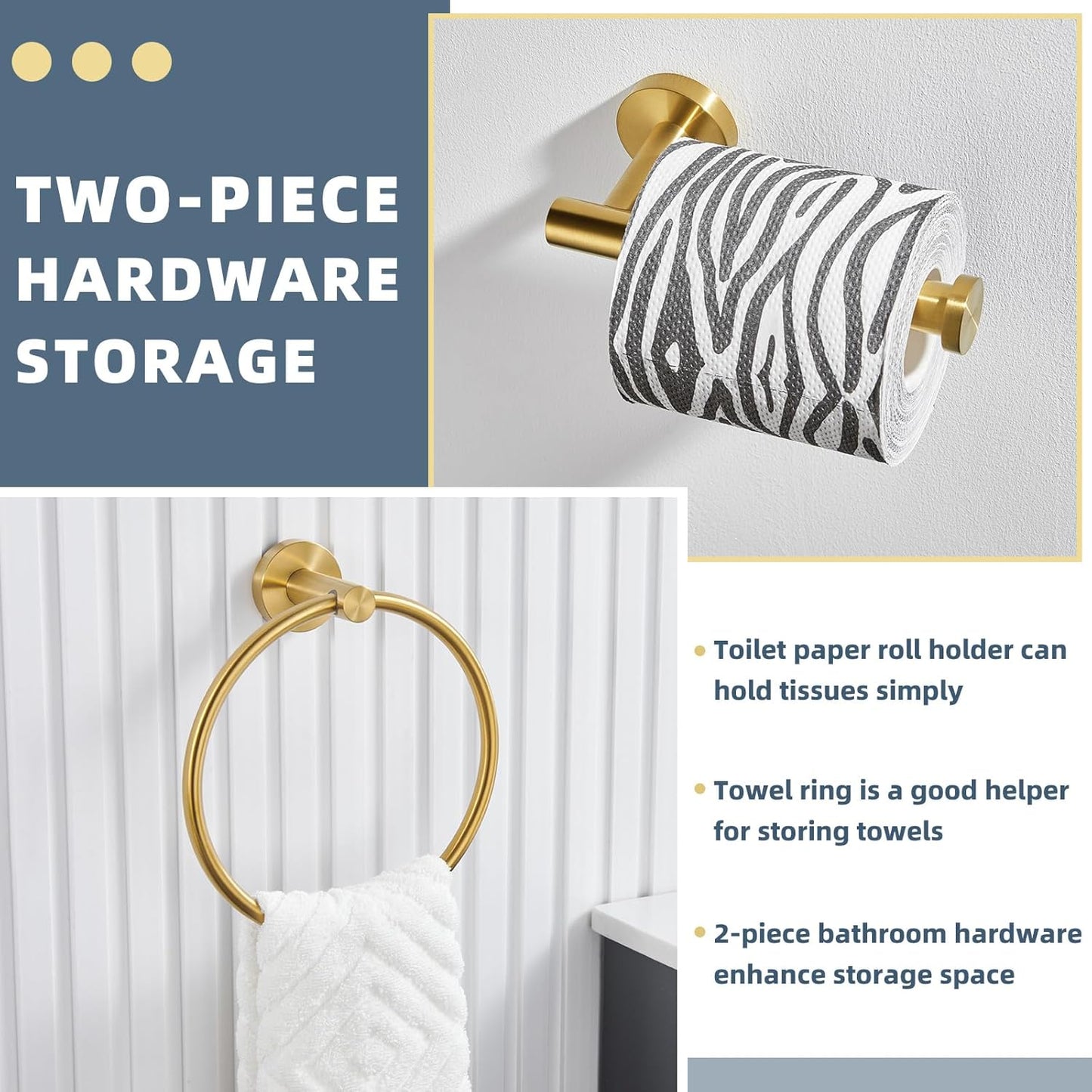 APLusee Brushed Gold 2 Pieces Bathroom Hardware Set, Hand Towel Ring and Toilet Paper Holder, 304 Stainless Steel Bath Accessories, Wall Mounted