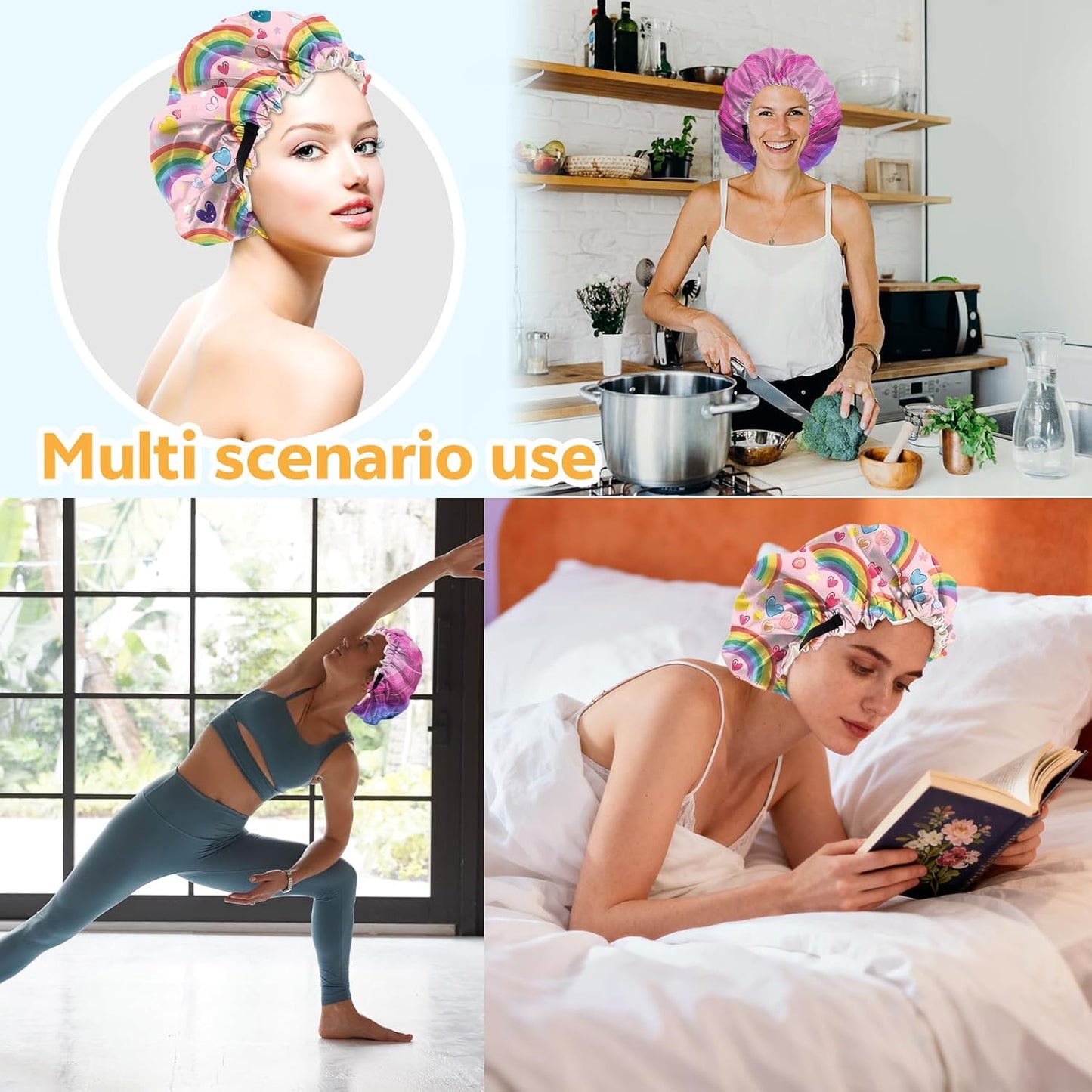 2 PCS Bonnets for Women Girls Satin Hair Bonnet Silk Adjustable Elastic Double Layer Hair Wrap Sleep Cap Comfort Cute-Rainbow Heart