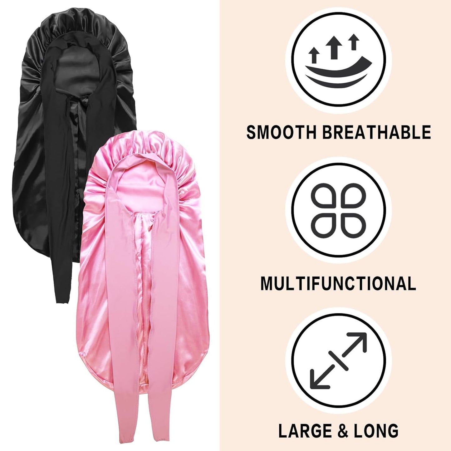 2Pcs Bonnets for Black Women Braid Bonnet, Large Long Satin Bonnet for Braids, Silk Bonnet with Stretchy Tie Band Sleep Cap Hair (2Pcs-Black&Pink)