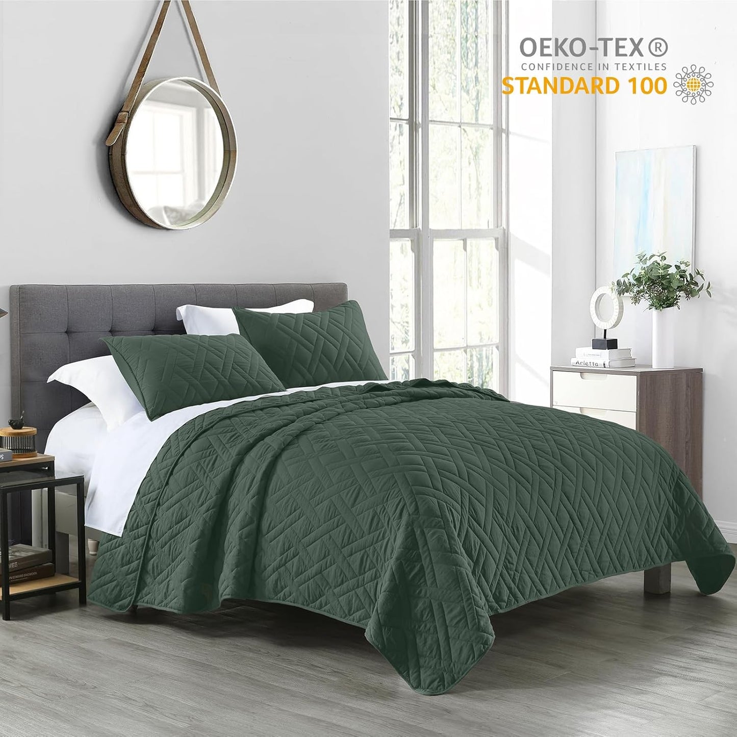 HORIMOTE HOME Quilt Set King Size Dark Green, Classic Geometric Diamond Stitched Pattern, Ultra Soft Microfiber Lightweight Bedding Bedspread Coverlet for All Season with 1 Quilt 2 Pillow Shams