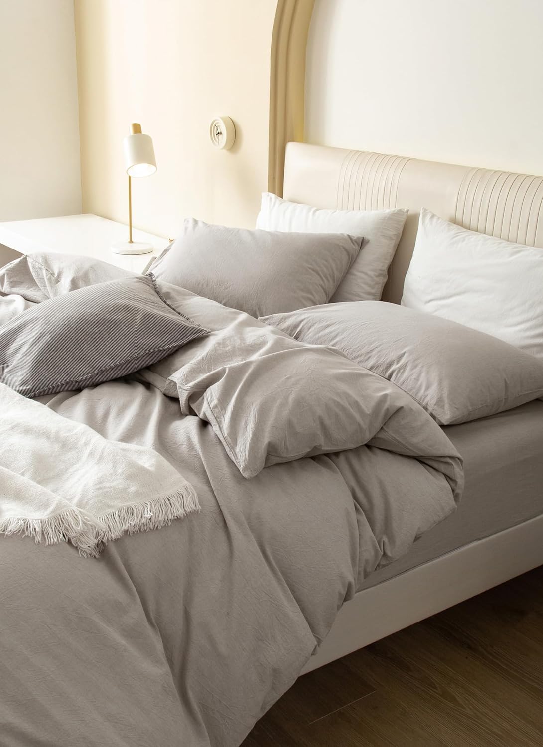 JIYUAN 100% Washed Cotton Duvet Cover Set 3 PCS Oversized King, 1 Duvet Cover 120"x98" (Comforter Not Included) and 2 Pillowcases,Linen Feel Bedding Set Comfy and Breathable, Heathered Cream Grey