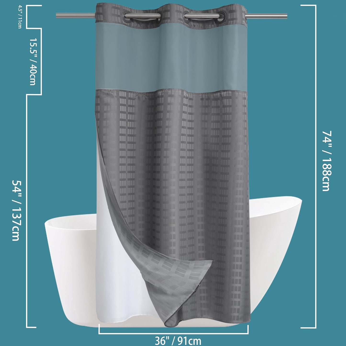 Conbo Mio Stall No Hook Shower Curtain with Snap in Liner Set, Hotel Luxury Grey Shower Curtains for Bathroom with See Through Top Window, Waterproof, Washable 36W x 74H