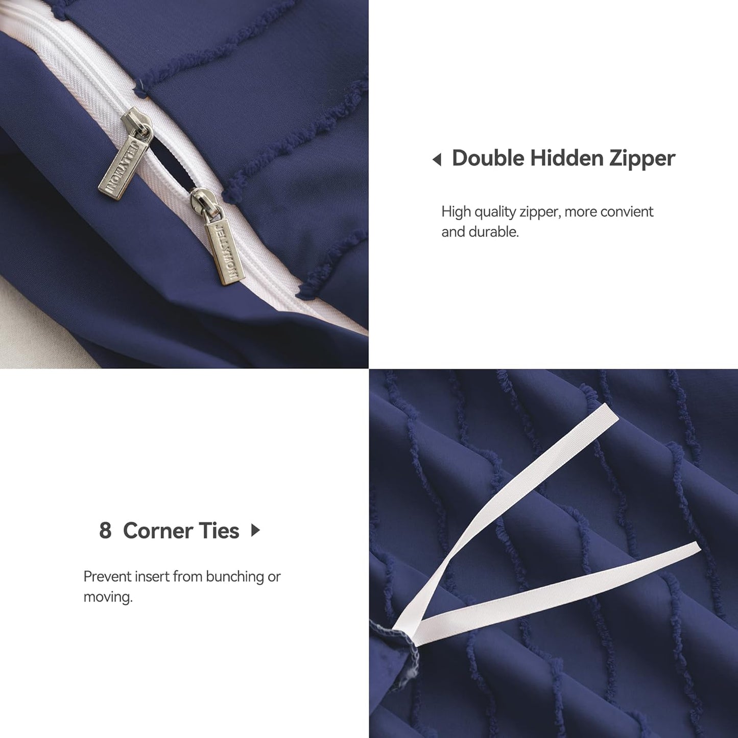 JELLYMONI Duvet Cover Full Size Navy Blue - 3PCS Boho Striped Duvet Cover Set Polyester Tufted Bohemian Textured Comforter Cover 80×90in with Corner Ties & Zipper and 2 Pillowcases