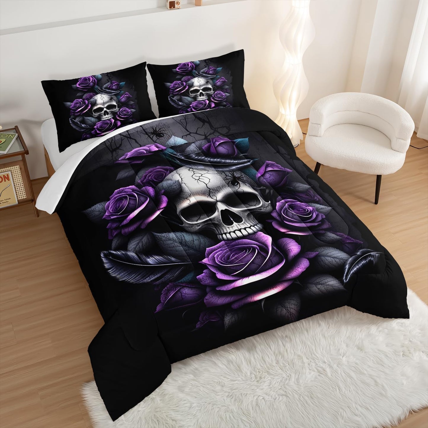 Death Skull Heads King Size Comforter Sets,Horror Themed Gothic Bedding for Kids Teens Boys Room Decor,Mysterious Floral Spider Western Comforter Sets with 2 Pillowcases.