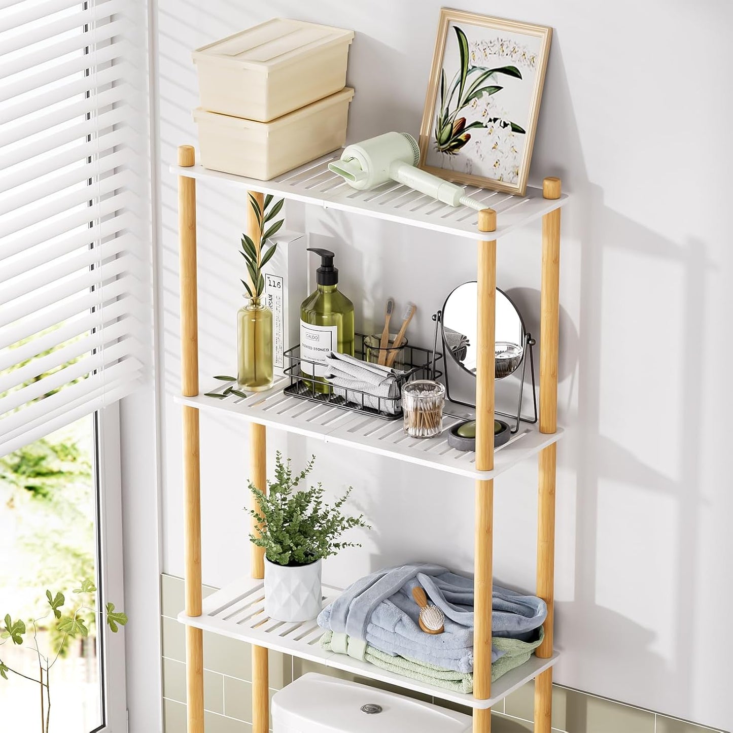 AmazerBath Bamboo Over The Toilet Storage Shelf, Bathroom Storage Organizer Rack, 3-Tier Bathroom Shelves Space Saver, White and Natural Color