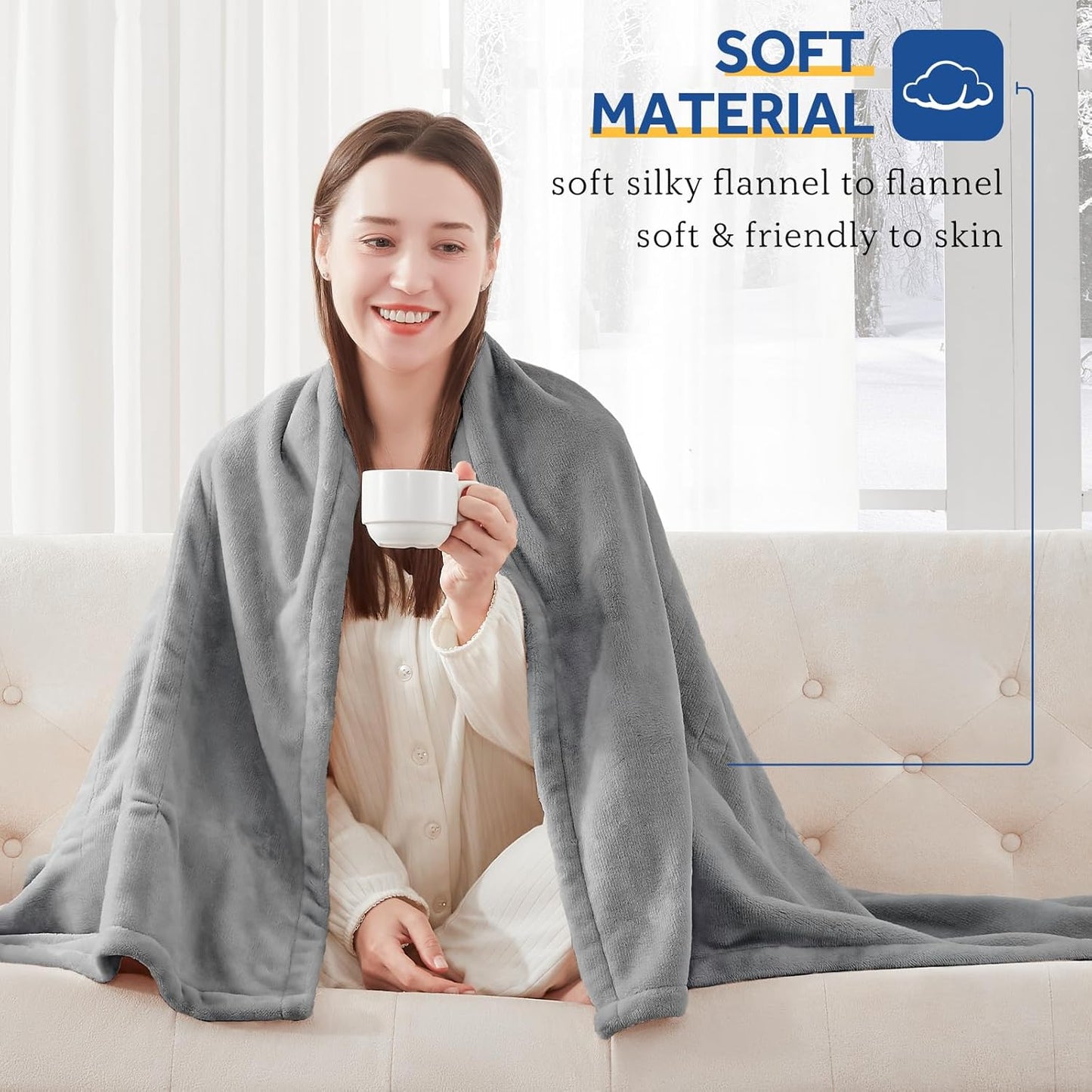 Sealy Electric Blanket Full Size, Flannel Heated Blanket with 10 Heating Levels & 1-12 Hours Auto Shut Off, Machine Washable, Light Grey, 80 x 84 Inch