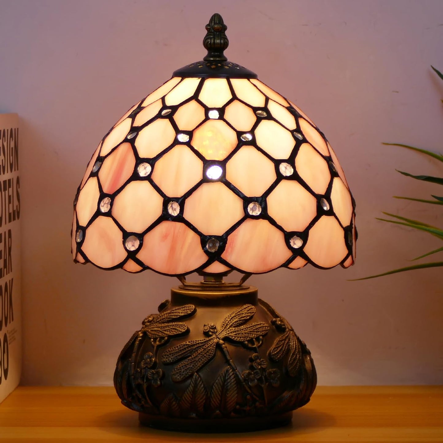 Small Tiffany Lamp Mini Stained Glass Table Lamp Pink Pearl Style Mushroom Accent Lamp 8X11 Inch