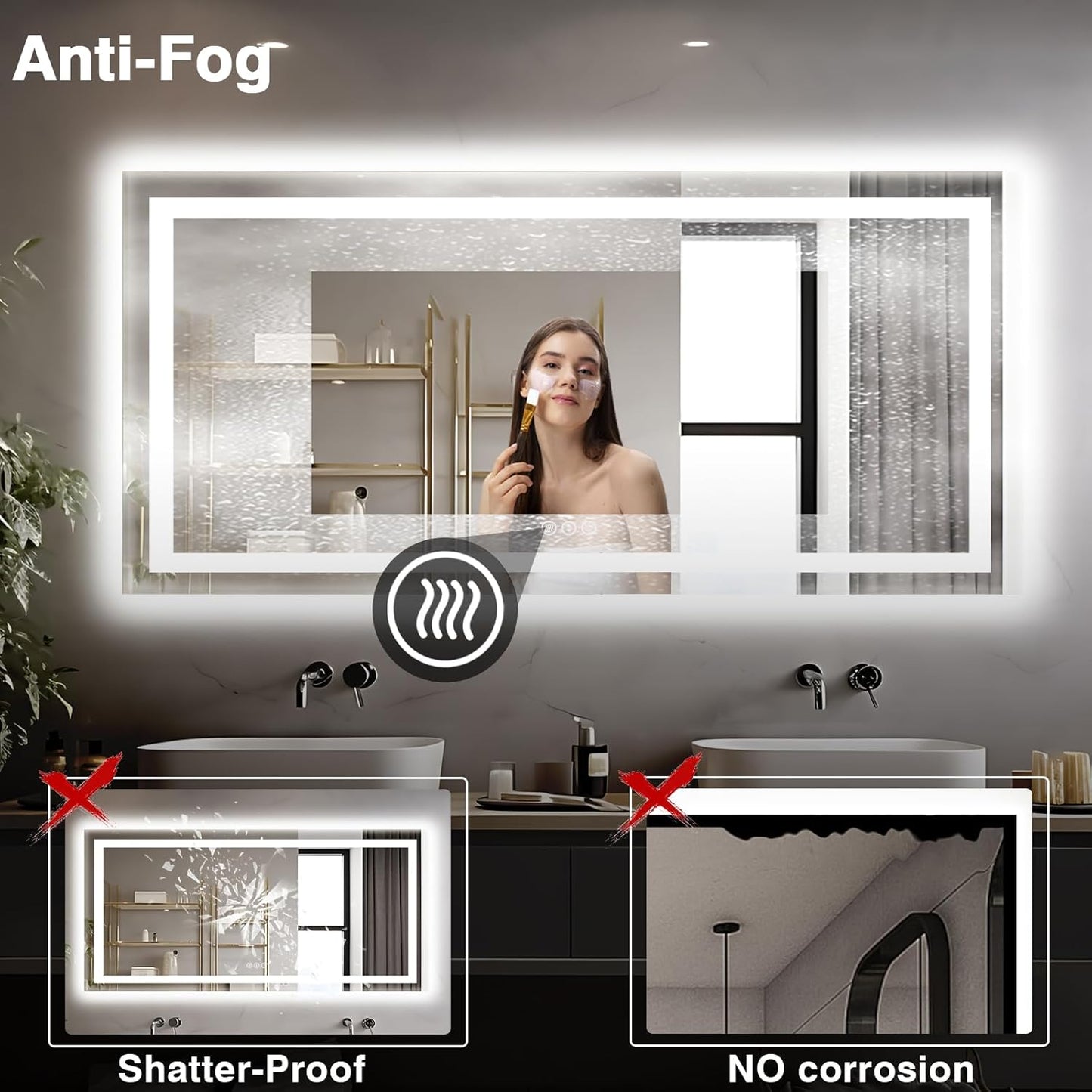 77"x36" Large LED Bathroom Mirror with Front & Backlit, Anti-Fog, Stepless Dimmable Vanity Mirror, 3 Colors Smart Mirror (Horizontal/Vertical)