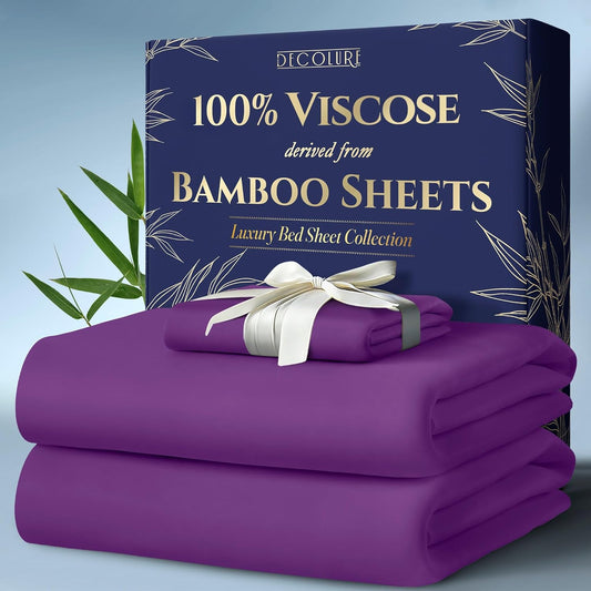 DECOLURE 100% Viscose Derived from Bamboo Sheets Twin Size 3pcs - Ultra Soft & Luxuriously Cooling, 17" Deep Pocket, Double Stitching, Perfect for Hot Sleepers - Twin Bed Sheets (Purple)