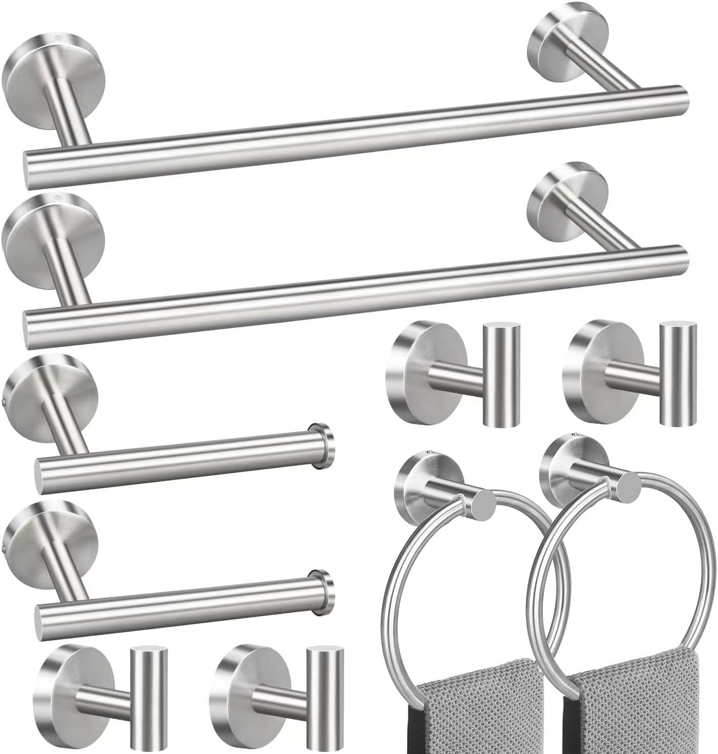 23.6inch 10 Sets Bathroom Towel Rack Set Brushed Nickel, Includes 2PCS 23.6Inch Towel Bar, 2PCS Towel Ring, 2PCS Toilet Holder and 4PCS Towel Hooks-Brushed Nickel