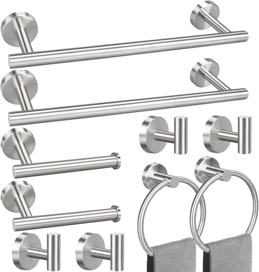 23.6inch 10 Sets Bathroom Towel Rack Set Brushed Nickel, Includes 2PCS 23.6Inch Towel Bar, 2PCS Towel Ring, 2PCS Toilet Holder and 4PCS Towel Hooks-Brushed Nickel