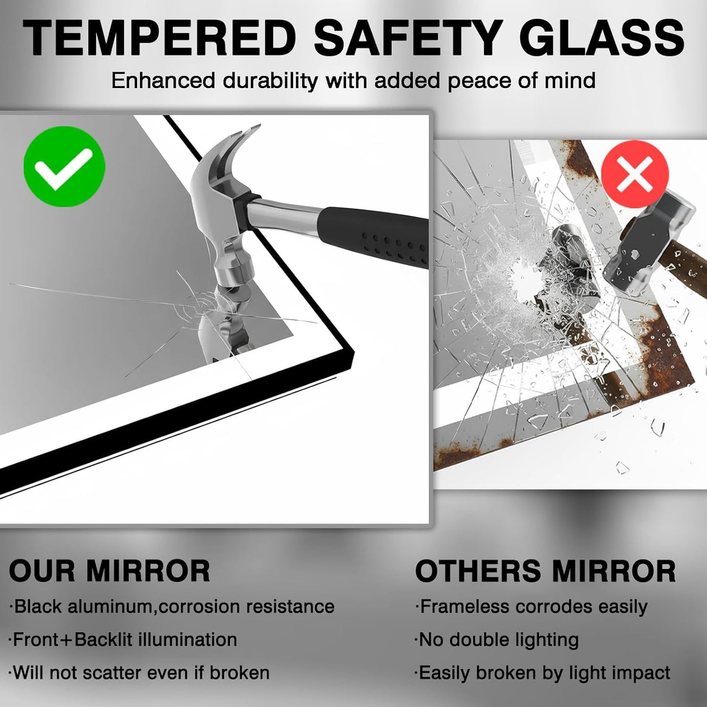 48x40 LED Bathroom Mirror for Wall, Black (Metal, Aluminum) Framed, Front Light and Backlit, 3 Colors and Dimmable Vanity Mirror, Anti-Fog, Shatter-Proof, Memory (Horizontal/Vertical)