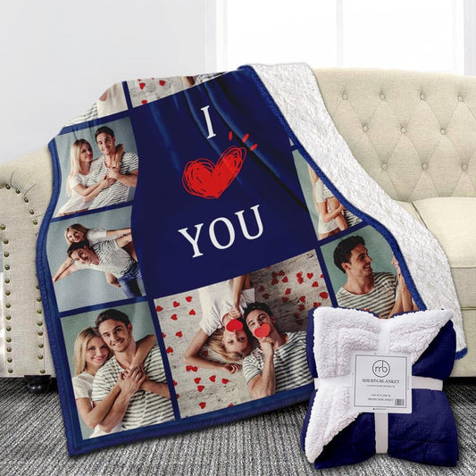Custom Sherpa Fleece Blanket with Photos Text - Soft, Warm, Fuzzy Personalized Couples Gifts for Boyfriend, Girlfriend - Customized Picture Blanket for Birthday, Anniversary, Christmas