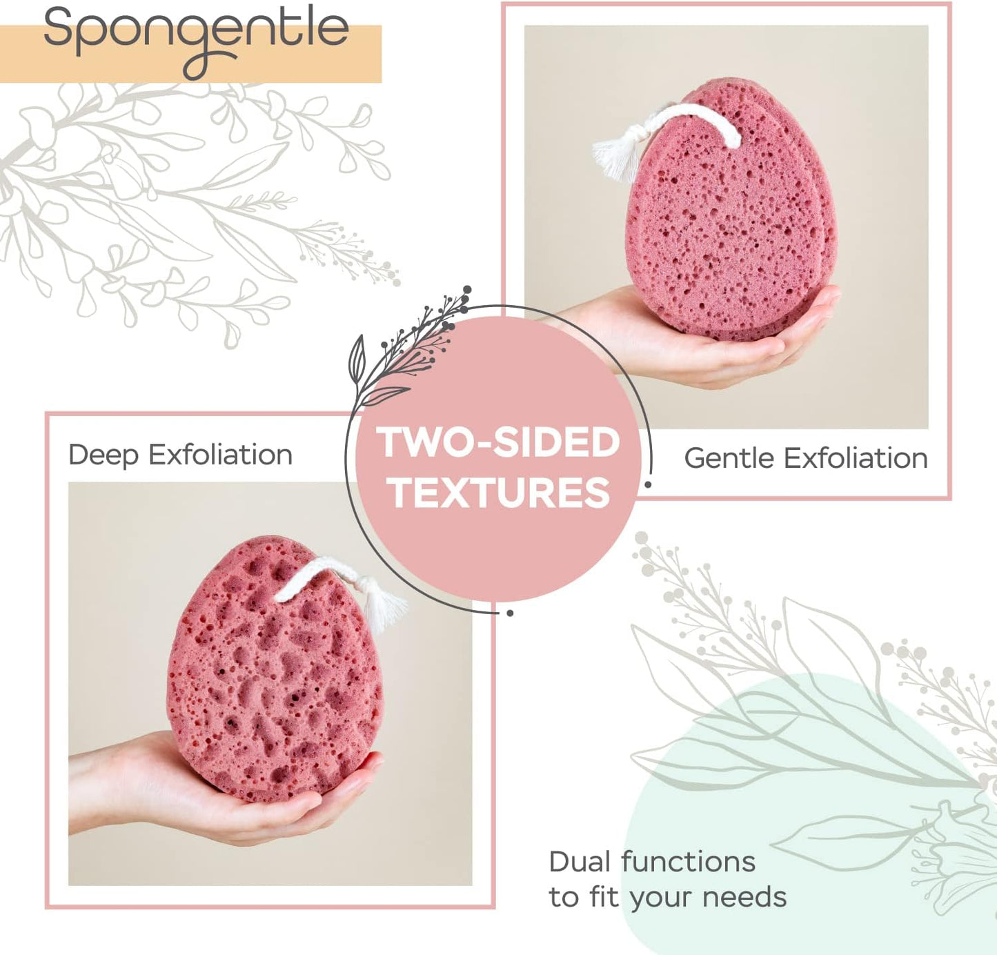 Spongentle Deep Cleansing Body Loofah Sponge, Natural Colors, for Bath and Shower, Multiple Textures for Gentle and Deep Exfoliation, Generous and Rich Lather, (Pack of 2)