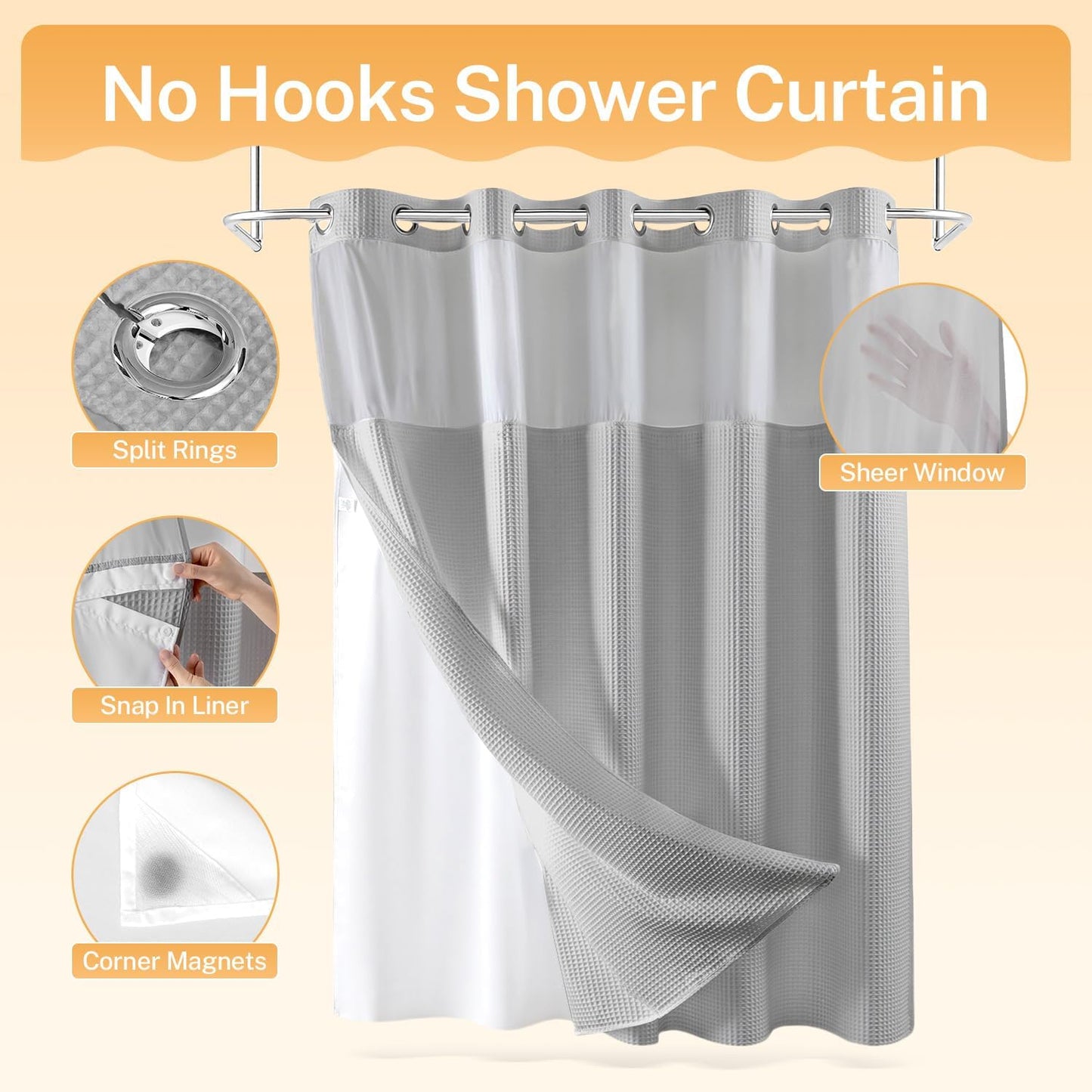River Dream Gray Fabric Shower Curtain Set, Cotton Blend, Waffle Weave, with Snap in Replacement Liner，71 x 74 inches