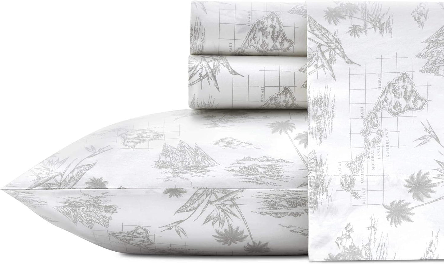 Tommy Bahama - Queen Size Sheets Set, Crisp & Tailored Cooling Sheets with a Smooth Cotton Percale Lightweight Feel - Bed Sheets with Matching Pillowcases & Fitted Sheet (Vintage Map Grey)